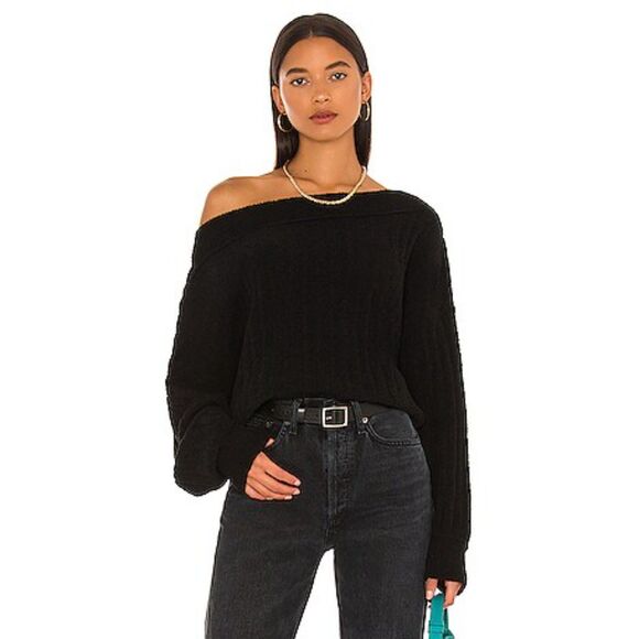 Free People Cabin Fever Sweater S | Black Off-Shoulder Cozy Knit - Picture 2 of 12